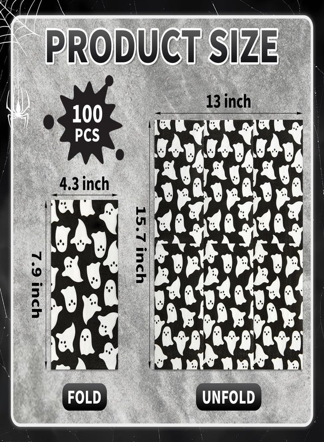 AimFun 100 Halloween Guest Napkins Ghost Disposable Paper Hand Towels Black White Spooky Boo Decorative Dinner Napkin for Birthday Halloween Party Supplies Kitchen Table Decorations - Image 2